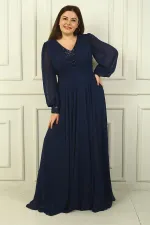 Kadın Ön Arka V Yaka Üstü Pulpayet Astarlı Büyük Beden Uzun Şifon Abiye Elbise