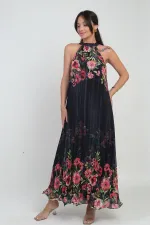 Kadın Çiçek Desenli Astarlı Plisoley Şifon Uzun Elbise