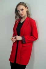 Kadın Şal Yaka Kol Ucu Leopar Desenli Likralı Uzun Ceket