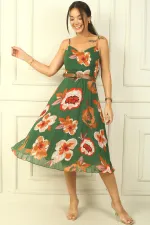 Lined Chiffon Dress with Floral Pleated Skirt and Rope Straps and Waist Belt