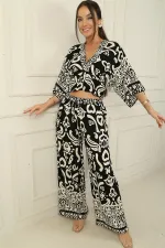 Front and Back V-Neck Crop Top, Elastic Waistband, Pocketed Palazzo Pants, Heart Patterned 2-Piece Set