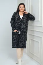 Kadın Zebra Desenli Cepli Büyük Beden Triko Uzun Hırka