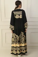 Önü Yarım Düğmeli Kolu Lastikli Empirme Tesettür Uzun Elbise