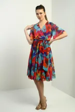 Women's Wrap Neckline Lined Chiffon Rainbow Dress with Belt