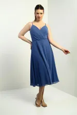 Kadın İp Askılı Kruvaze Yaka Astarlı Arkası Bağcıklı Kloş Şifon Elbise