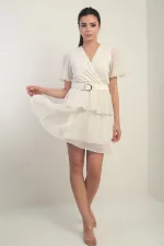 Women's Wrap Neckline Belted Lined Polka Dot Layered Chiffon Short Dress