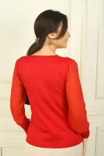 Kadın Merdiven V Yaka Kolları Şifon Kazak