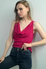 Kadın Degaje Yaka Kolsuz Krep Saten Bluz