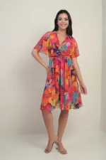 Women's Wrap Neckline Ruffled Sleeve Lined Belted Large Floral Chiffon Dress