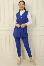 6 Düğmeli Sahte Cepli Kuşaklı Yelek Beli Lastikli Dar Paça Pantolon 2'li Takım