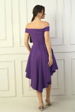 Kadın Madonna Yaka Ön Kısa Arka Uzun Astarlı Kloş Krep Kısa Elbise