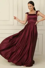 Askılı Taş Detaylı Kare Yaka Astarlı Uzun Saten Elbise