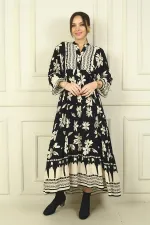 Women's Half-Front Floral Patterned Ruffled Oversize Long Dress