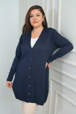 Kadın Kolları Düğme Detaylı Soğuk İplik Büyük Beden Uzun Hırka