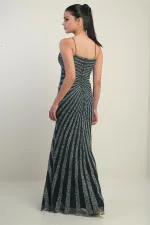 Women's Strappy Flocked Stone Print Lined Tulle Long Dress
