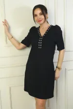 Kadın Yaka Detaylı Kısa Karpuz Kollu Kısa Elbise