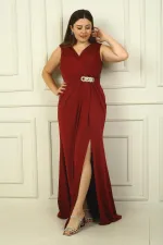 Kadın V Yaka Beli Tokalı Drapeli Astarlı Önü Yırtmaçlı Likralı Sandy Büyük Beden Uzun Elbise