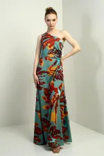 Kadın Tek Omuz Yandan Pencereli Desenli Uzun Krep Saten Elbise