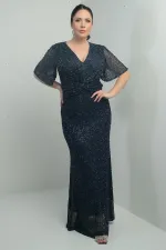 Kadın V Yaka Astarlı Önü Düğüm Detaylı Boru Boncuk İşlemeli Büyük Beden Uzun Elbise