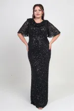 Kadın Degaje Yaka Kısa Kollu Astarlı Pullu Büyük Beden Likralı Elbise