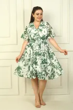 Women's Wrap Neckline Ruffled Sleeve Lined Belted Plus Size Chiffon Dress with Large Roses