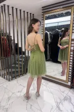 Women's Strappy Back Laced Lined Stoned Short Tulle Dress