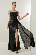 Robe longue à sequins, drapée sur le devant, sans bretelles et doublée