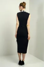 Women's Embellished Mandarin Collar Belted Waist Midi Dress with Side Chain Detail and Slit.