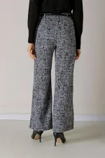 Beli Lastikli Kemerli Yandan Cepli Cam Kırığı Desenli Palazzo Pantolon