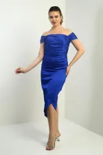 Women's Madonna Neckline Draped Asymmetrical Satin Short Dress