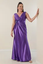 Plus Size Long Satin Dress with Draped Front and Beaded Detail, Lined