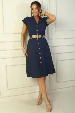 Women's Collared, Off-Shoulder, Double-Pocket, Belted Linen-Effect Dress