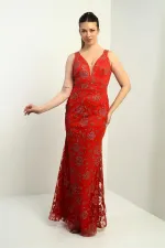 Kadın Kalın Askılı Astarlı Tül Gritter Uzun Abiye Elbise