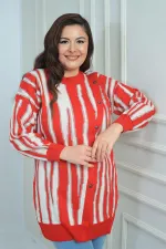 Kadın Önü Düğme Detaylı Simli Boyuna Çizgili Büyük Beden Triko Tunik Kazak