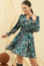Wrap-around polo shirt, belted waist, lined, leopard print satin dress.