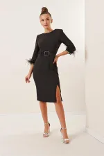 Belted Dress with Embellished Feather and Rhinestone Details on Sleeves