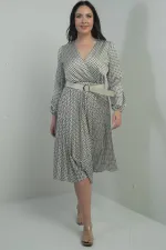 Women's Wrap Neckline Belted Lined Patterned Pleated Midi Satin BB Dress