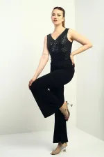 Beli Lastikli Astarlı En Boy Likralı Bol Paça Geniş Beden Aralıklı Simli Pantolon