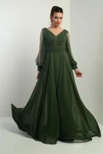 Ön Arka V Yaka Önü Drapeli Kolları Tül Astarlı Geniş Beden Aralıklı Uzun Şifon Elbise