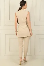 6 Düğmeli Sahte Cepli Kuşaklı Yelek Beli Lastikli Dar Paça Pantolon 2'li Takım