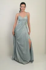 İp Askılı Astarlı Simli Uzun Abiye Elbise