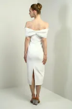 Kadın Saten Madonna Yaka Kendinden Telalı Midi Elbise