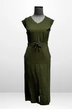 Kadın V Yaka Bluz Beli Lastikli Cepli Önü Yırtmaçlı Etek 2'li Takım