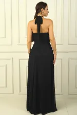 Kadın Boyundan Bağlamalı Taş Baskılı Astarlı Uzun Tül Elbise