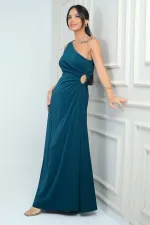 Kadın Tek Omuz Yan Pencere Detaylı Uzun Krep Saten Elbise