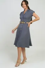 Kadın Yakalı Düşük Omuz Çift Cepli Kemerli Keten Efektli Elbise