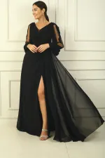 V-Neck, Draped Front, Lined, Tulle Guipure Detailed Sleeves, Wide-Size Chiffon Long Dress