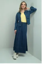 Women's Elastic Waist Long Flared Skirt and Front Zipper Jacket with Patch Pockets - Two-Piece Denim Set