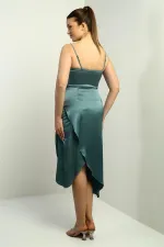 Kadın İp Askılı Drapeli Astarlı Asimetrik Midi Elbise