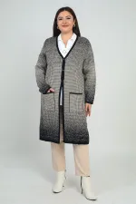 Kadın Karyağdı Kareli Cepli Büyük Beden Triko Uzun Hırka